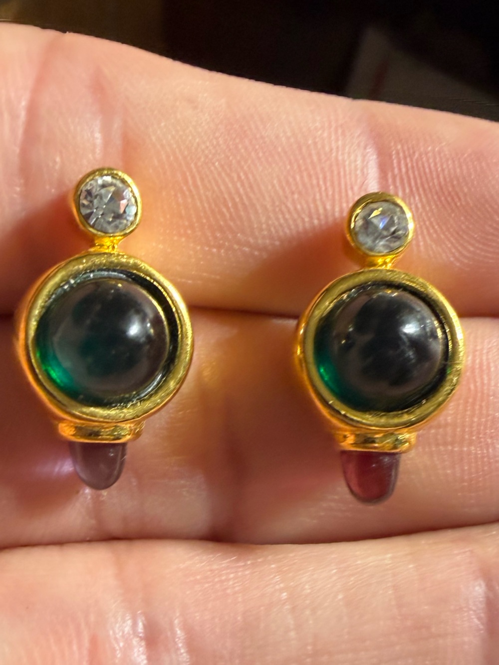 Vintage Jesara Gold-Tone Green Glass and Crystal Accent Stud Earrings